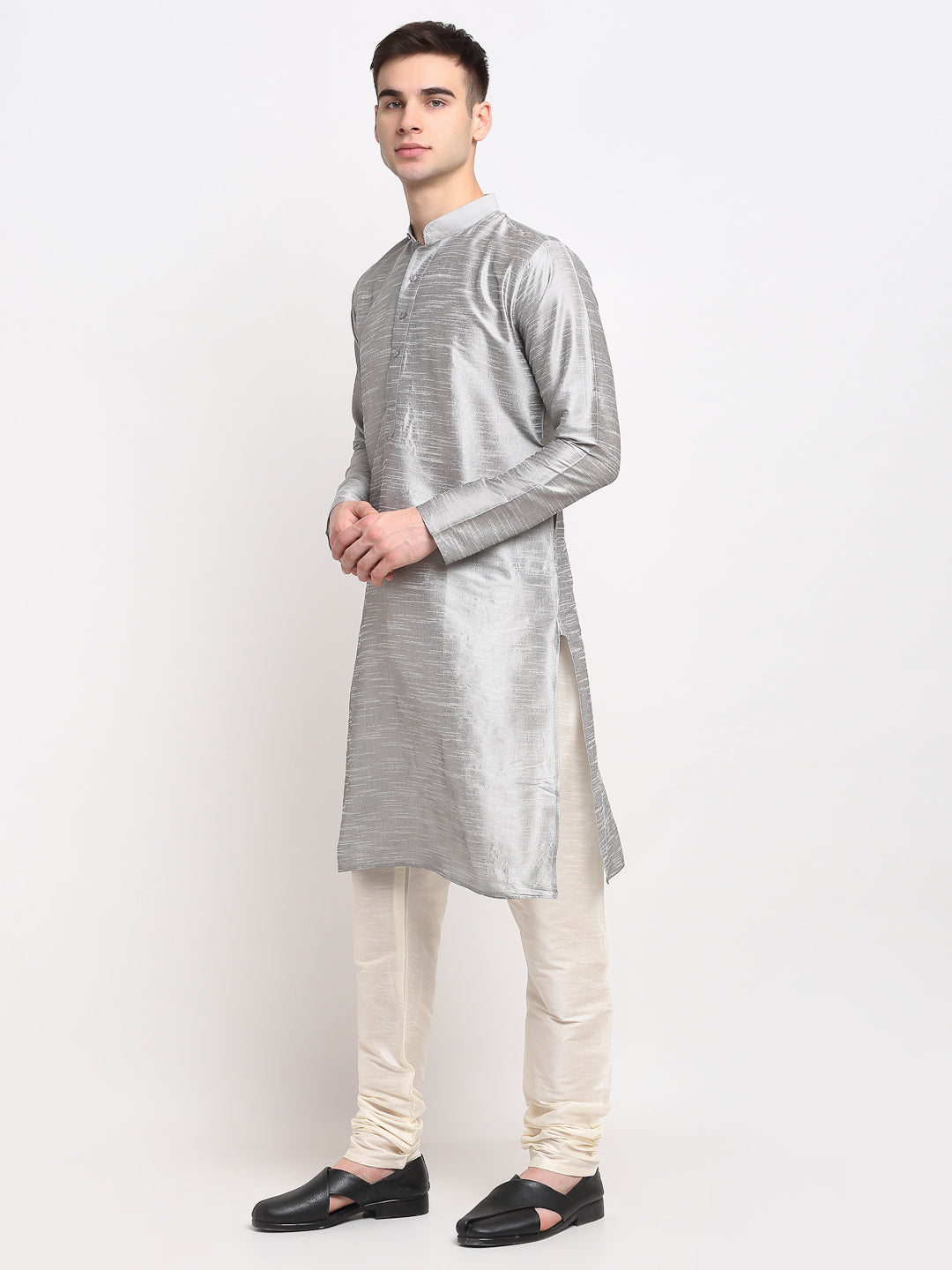 Jompers Men's Silver Solid Dupion Silk Kurta Only