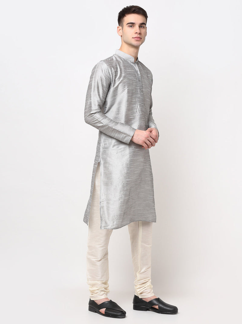 Jompers Men's Silver Solid Dupion Silk Kurta Payjama Set