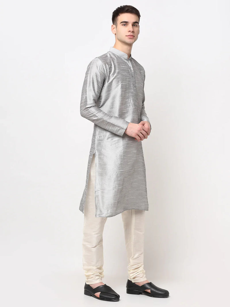 Jompers Men's Silver Solid Dupion Silk Kurta Payjama Set ( JOKP 636 Silver )