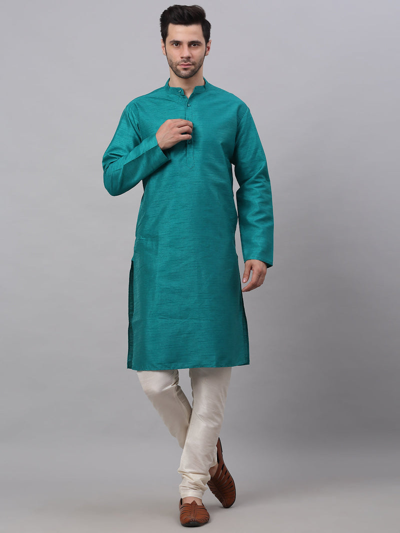 Jompers Men's Solid Dupion Silk Kurta Payjama Set ( JOKP 636Teal )