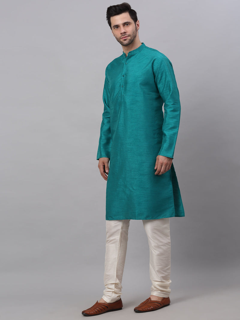 Jompers Men's Solid Dupion Silk Kurta Payjama Set ( JOKP 636Teal )