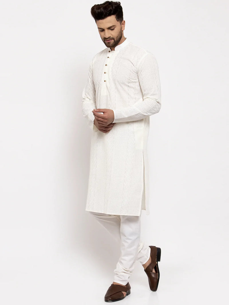 Jompers Men Cream Embroidered Kurta with Pyjamas ( JOKP 640 Cream )