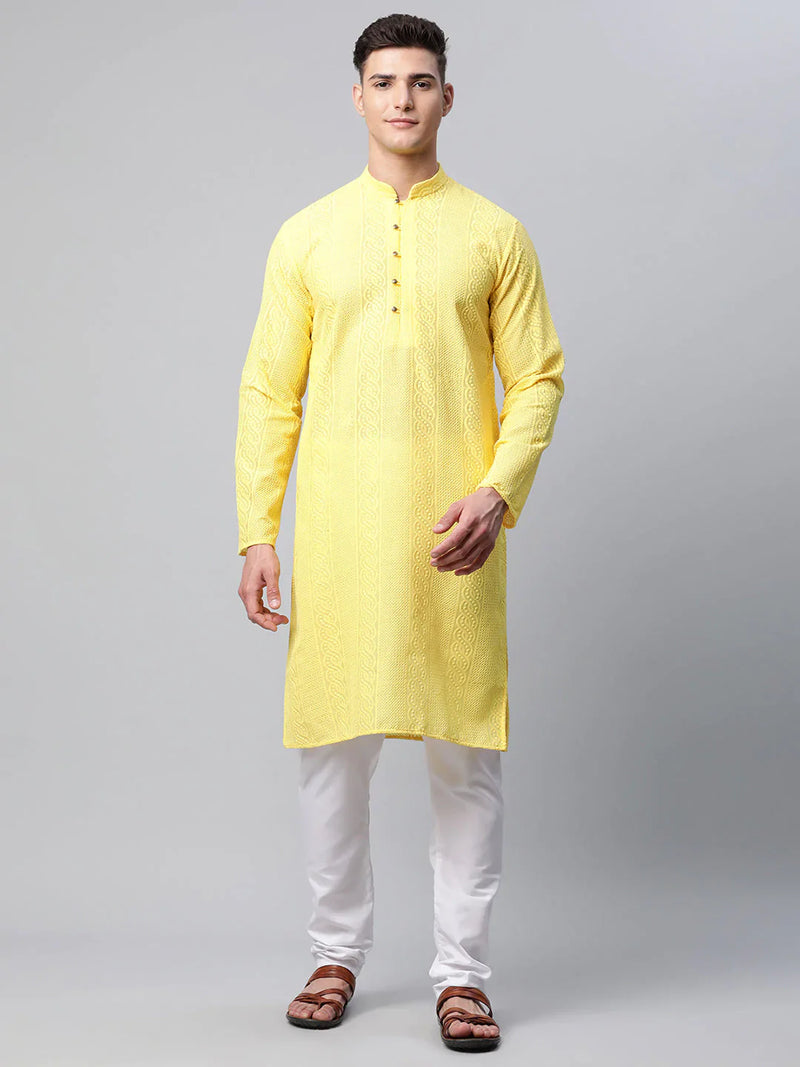 Jompers Men's Embroiderd Kurta Pajama ( JOKP 640 Lemon )