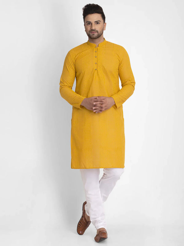 Jompers Men Mustard Embroidered Kurta with Pyjamas ( JOKP 640 Mustard )