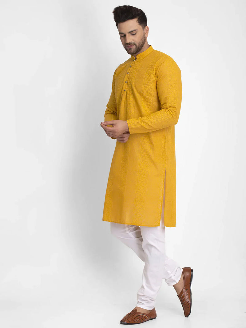 Jompers Men Mustard Embroidered Kurta with Pyjamas ( JOKP 640 Mustard )