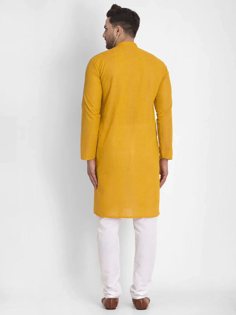 Jompers Men Mustard Embroidered Kurta with Pyjamas ( JOKP 640 Mustard )