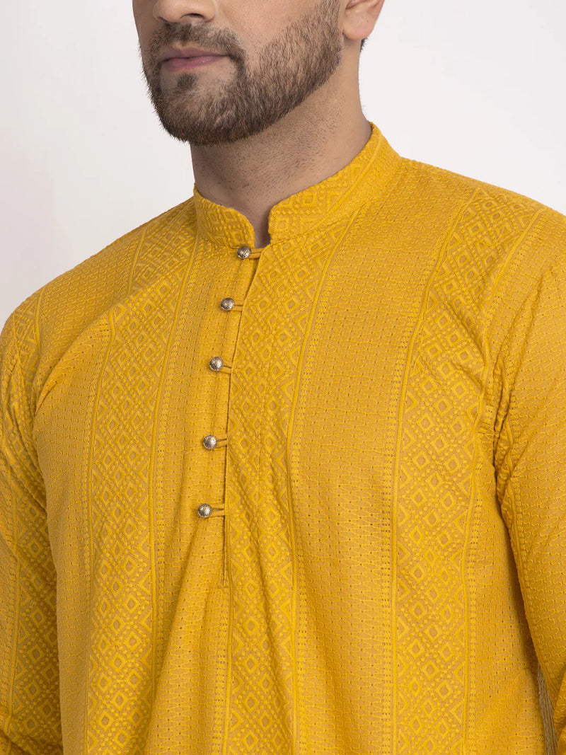 Jompers Men Mustard Embroidered Kurta with Pyjamas ( JOKP 640 Mustard )