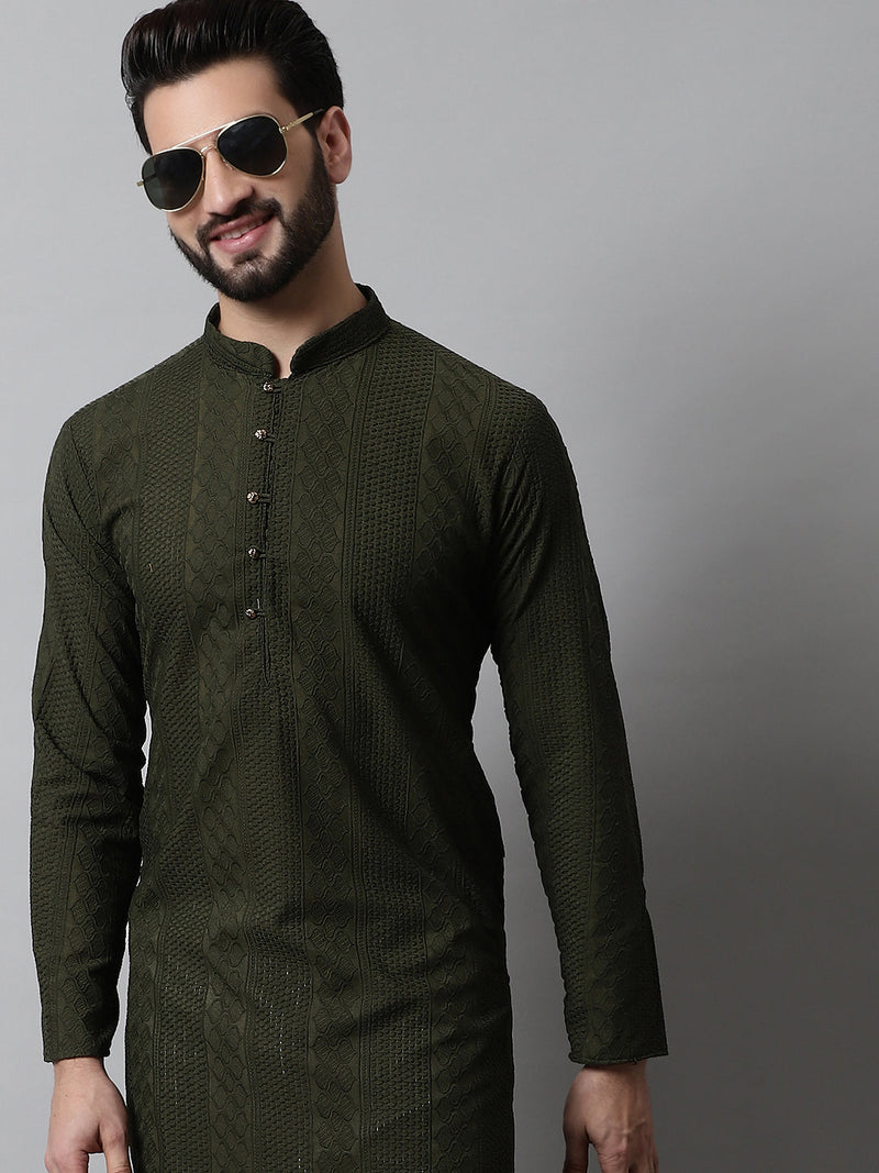 Jompers Men's Embroiderd Kurta Pajama ( JOKP 640Olive )