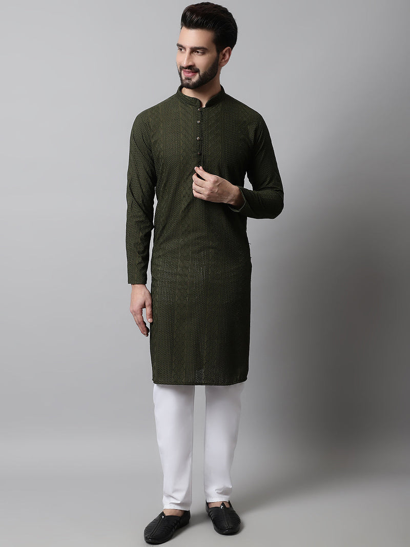 Jompers Men's Embroiderd Kurta Pajama ( JOKP 640Olive )