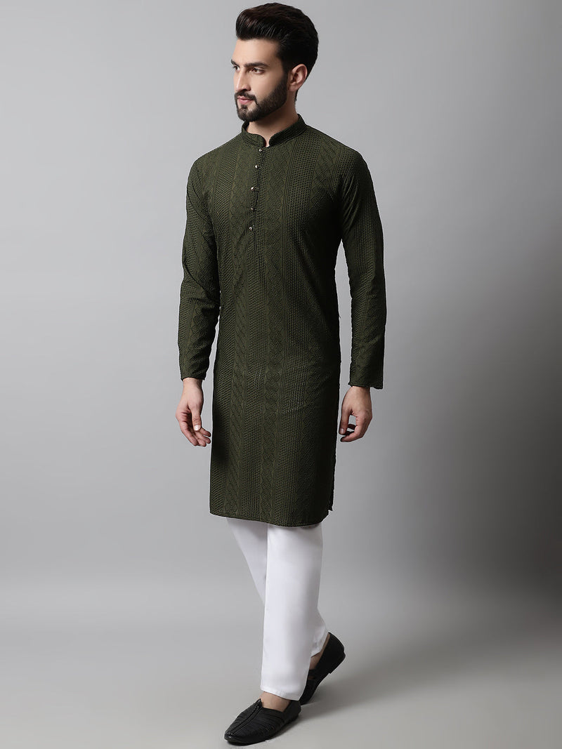 Jompers Men's Embroiderd Kurta Pajama ( JOKP 640Olive )