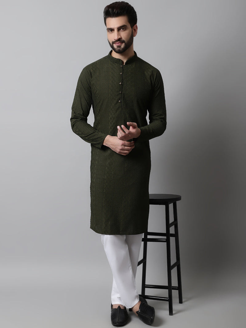 Jompers Men's Embroiderd Kurta Pajama ( JOKP 640Olive )