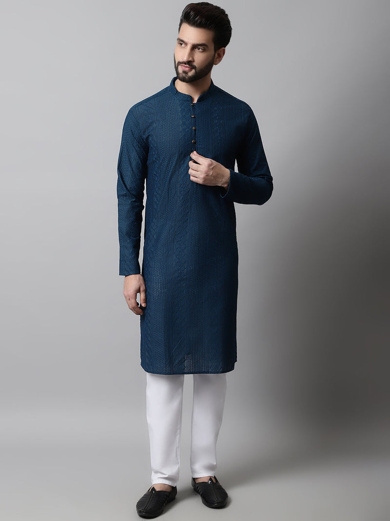 Jompers Men's Embroiderd Kurta Pajama ( JOKP 640Teal )