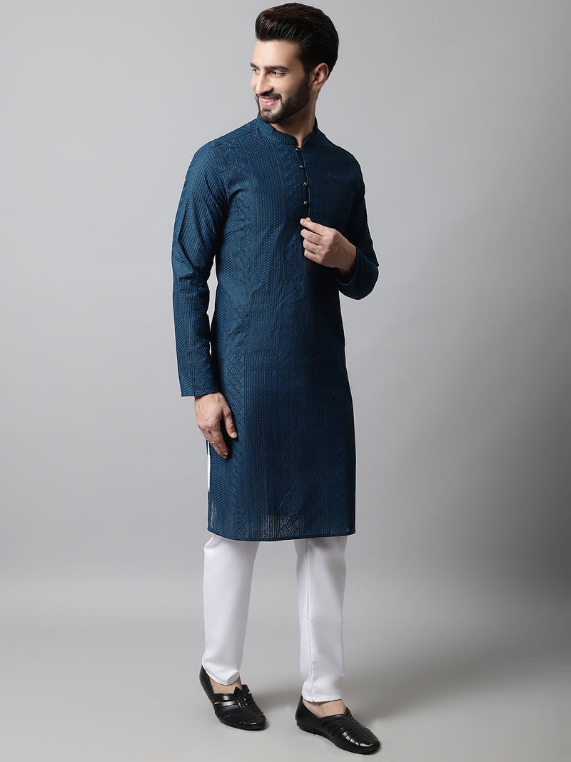 Jompers Men's Embroiderd Kurta Pajama ( JOKP 640Teal )