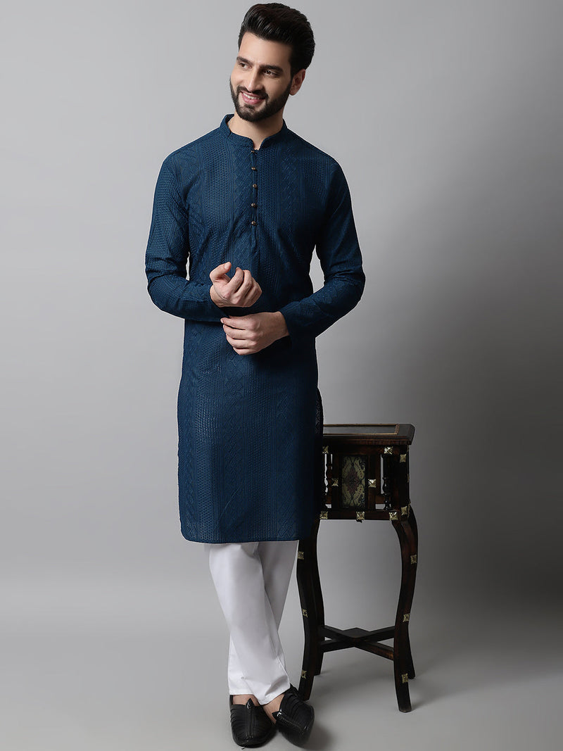 Jompers Men's Embroiderd Kurta Pajama ( JOKP 640Teal )