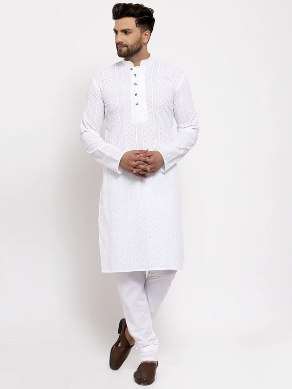 Jompers Men White Embroidered Kurta with Pyjamas ( JOKP 640 White )