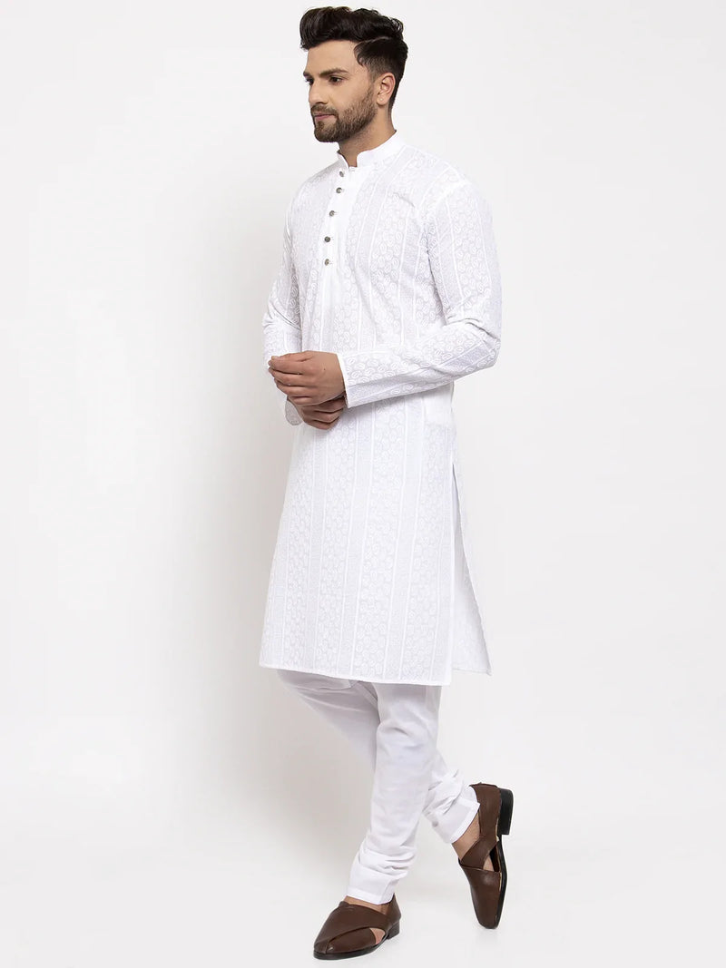 Jompers Men White Embroidered Kurta with Pyjamas ( JOKP 640 White )