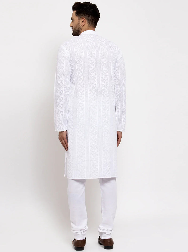 Jompers Men White Embroidered Kurta with Pyjamas ( JOKP 640 White )