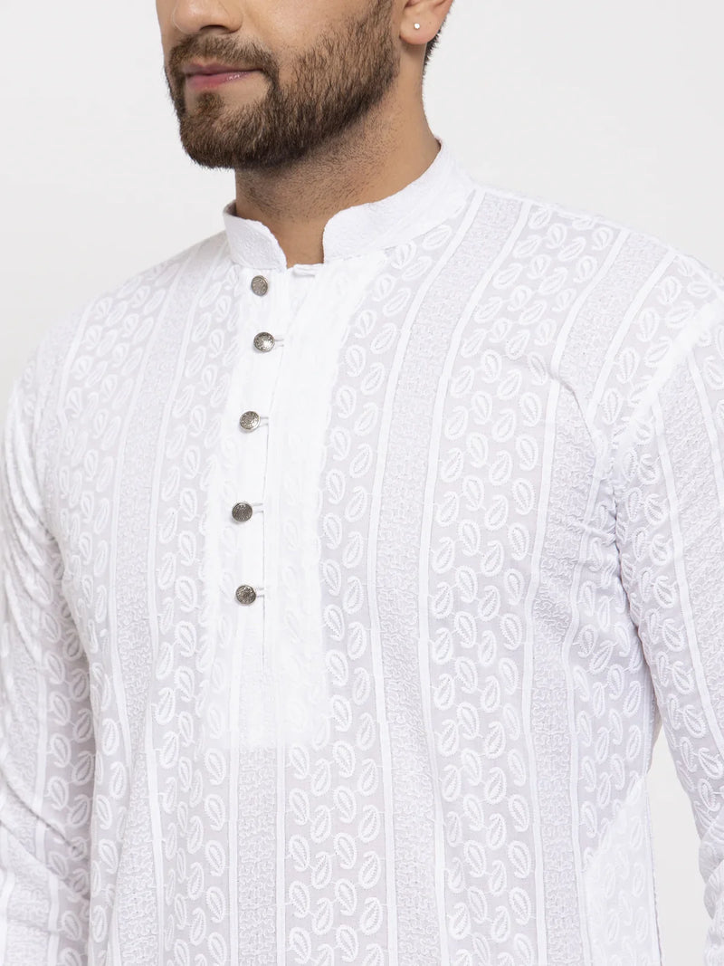 Jompers Men White Embroidered Kurta with Pyjamas ( JOKP 640 White )