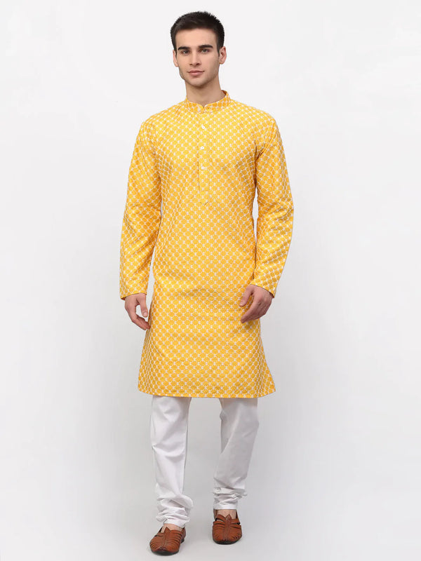 Jompers Men Mustard Chikankari Kurta with Churidar ( JOKP 641 Mustard )