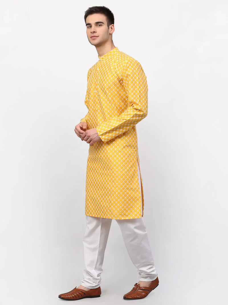 Jompers Men Mustard Chikankari Kurta with Churidar ( JOKP 641 Mustard )