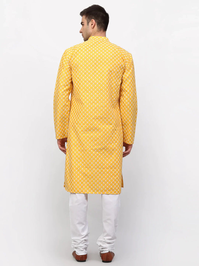 Jompers Men Mustard Chikankari Kurta with Churidar ( JOKP 641 Mustard )