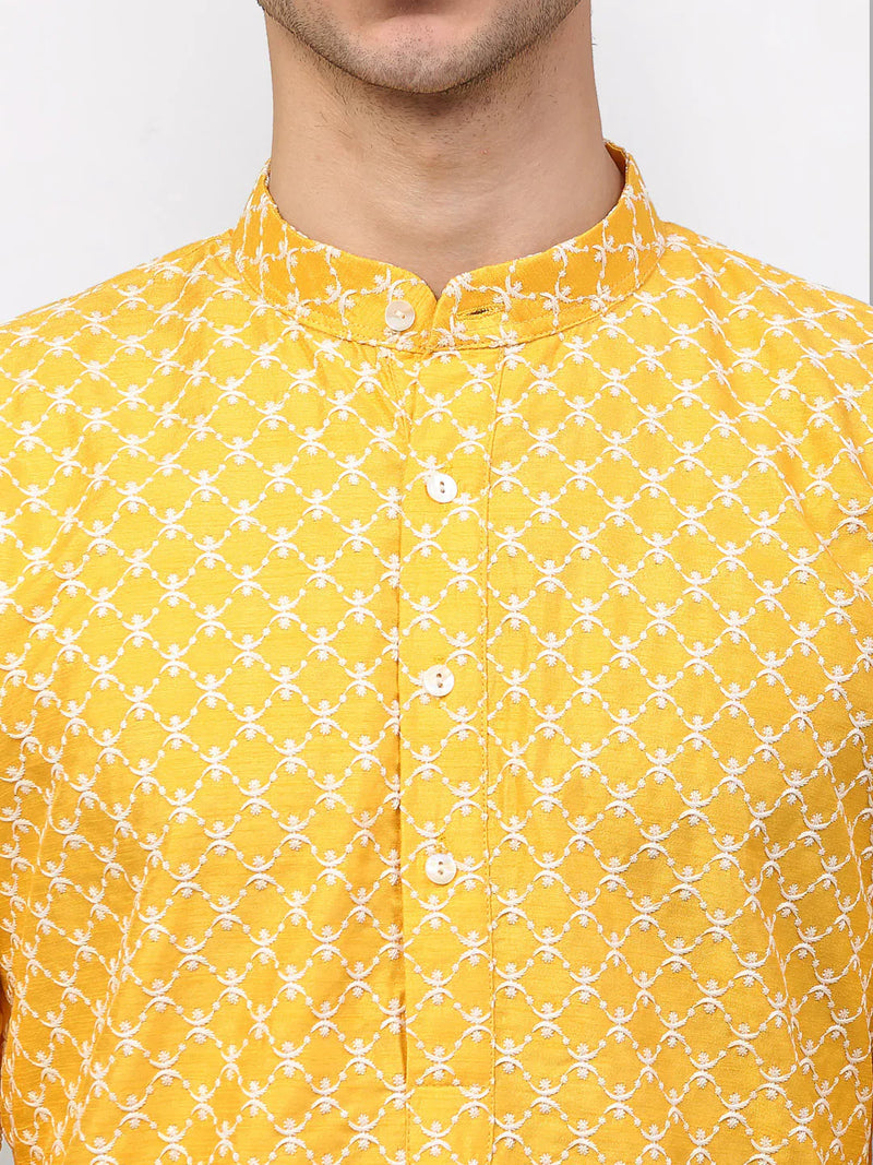 Jompers Men Mustard Chikankari Kurta with Churidar ( JOKP 641 Mustard )