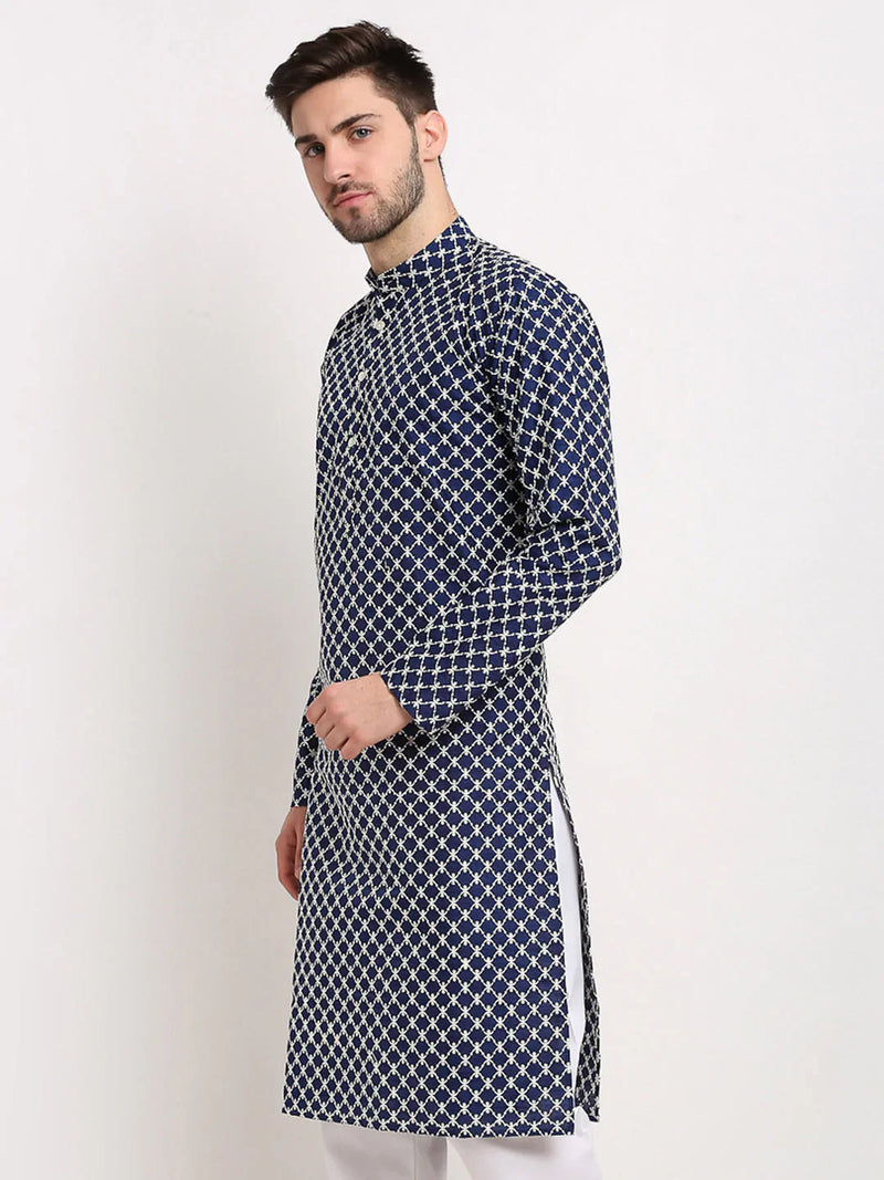 Jompers Men Navy Blue Chikankari Kurta Only ( KO 641 Navy )