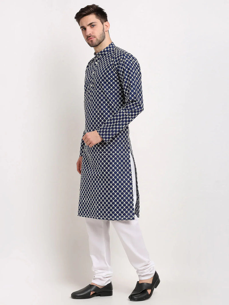 Jompers Men Navy Blue Chikankari Kurta Only ( KO 641 Navy )