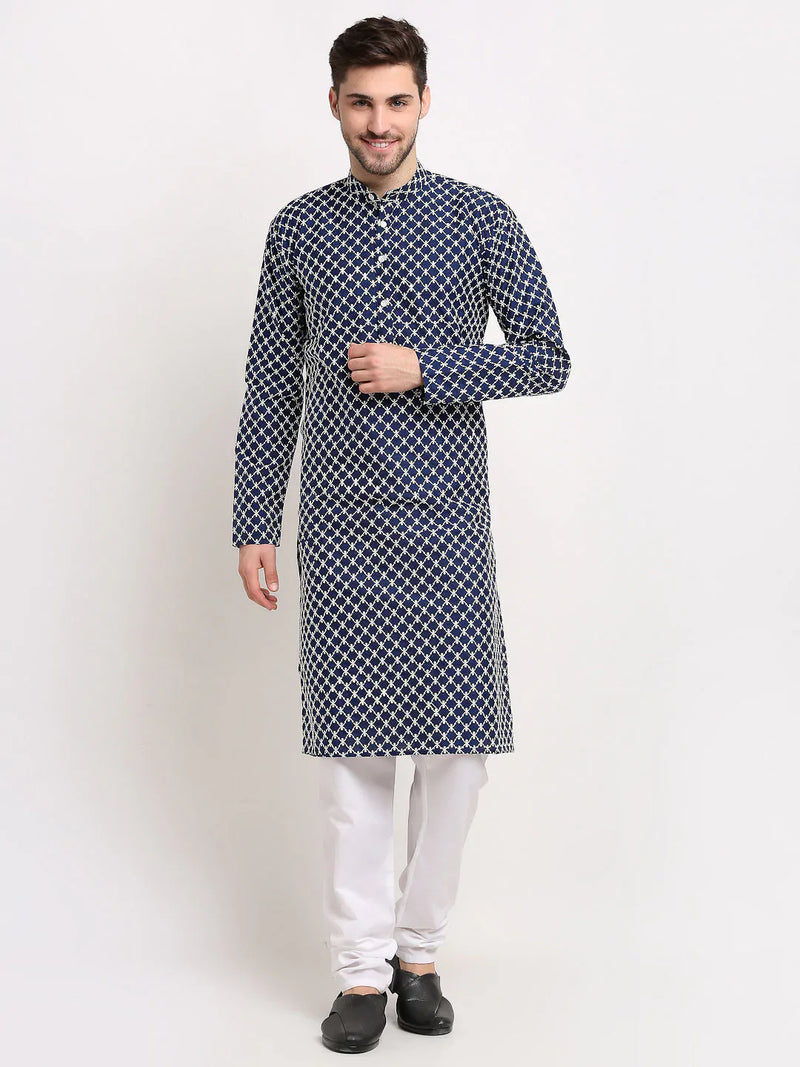 Jompers Men Navy Blue Chikankari Kurta with Churidar ( JOKP 641 Navy )