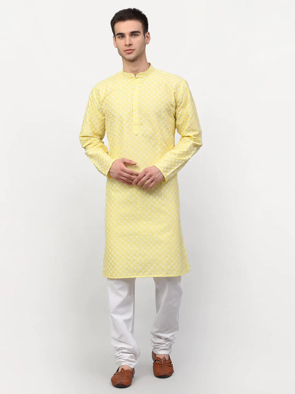 Jompers Men Yellow Chikankari Kurta with Churidar ( JOKP 641 Yellow )