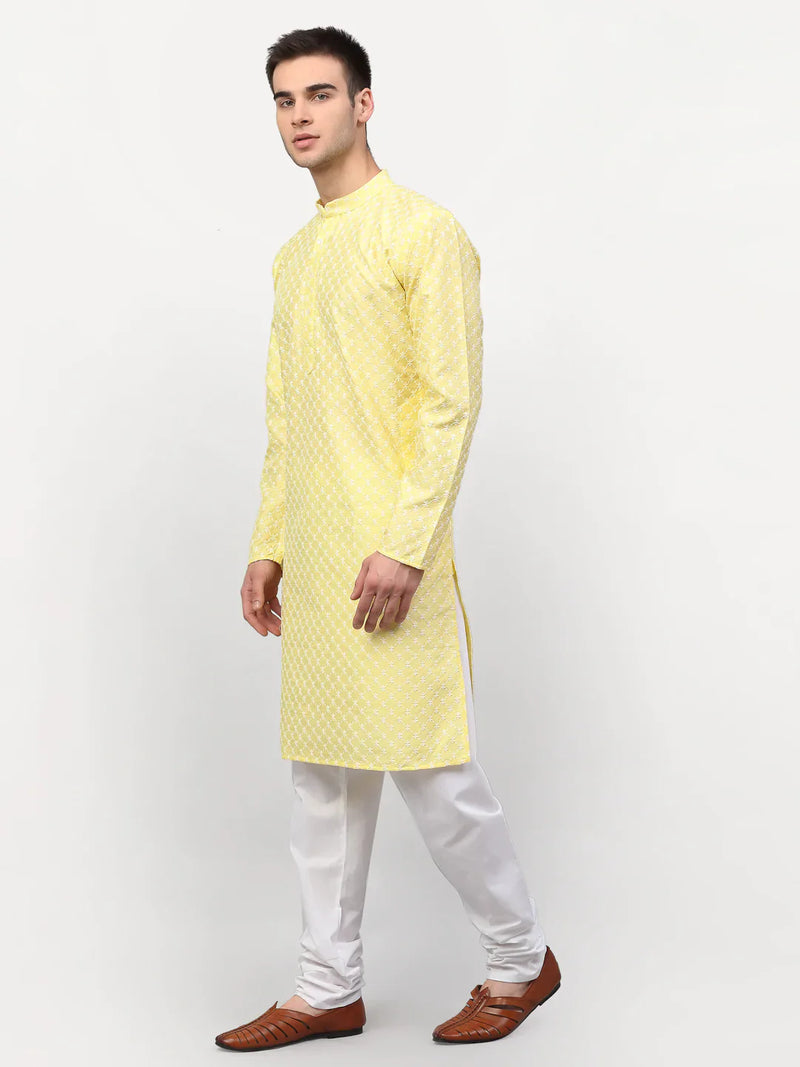 Jompers Men Yellow Chikankari Kurta with Churidar ( JOKP 641 Yellow )