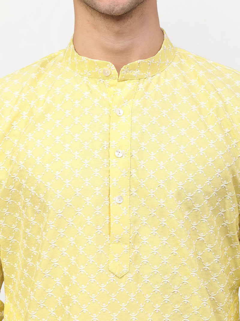 Jompers Men Yellow Chikankari Kurta with Churidar ( JOKP 641 Yellow )