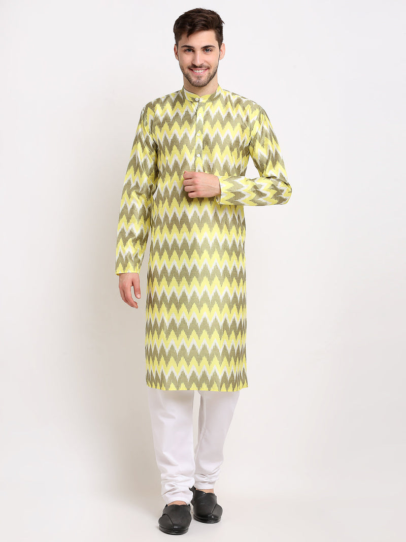 Jompers Men's Multi-Olive Dupion Ikkat Kurta Payjama Sets