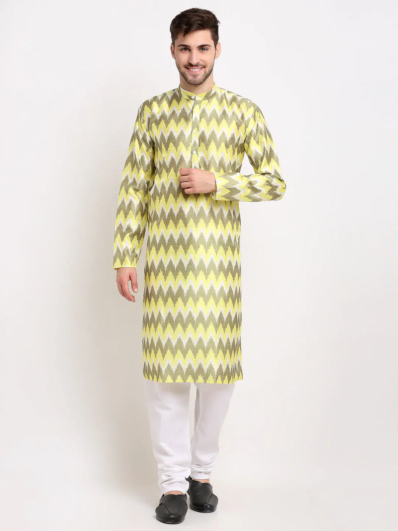 Jompers Men's Multi-Olive Dupion Ikkat Kurta Payjama Sets ( JOKP 647 Multi-Olive )