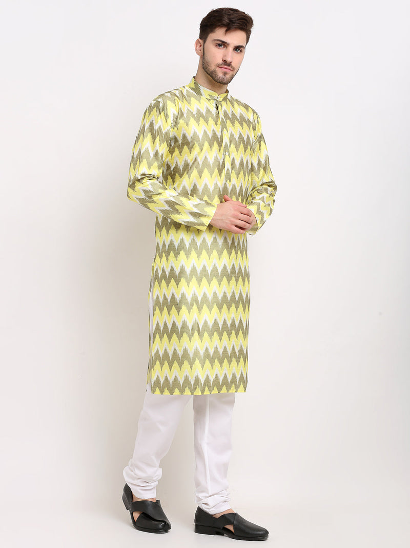 Jompers Men's Multi-Olive Dupion Ikkat Kurta Payjama Sets