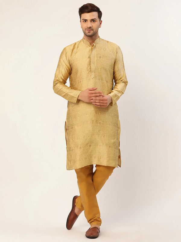 Jompers Men's Beige Coller Embroidered Woven Design Kurta Pyjama ( JOKP 649 Beige )