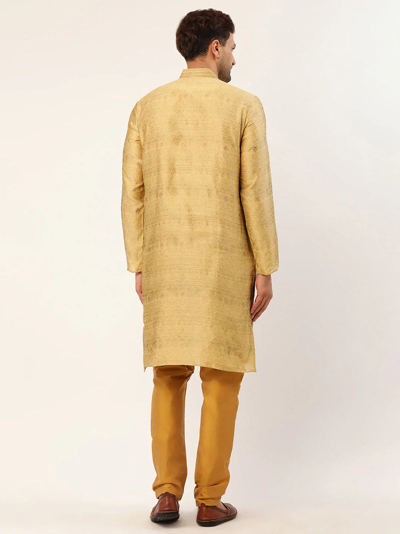 Jompers Men's Beige Coller Embroidered Woven Design Kurta Pyjama ( JOKP 649 Beige )