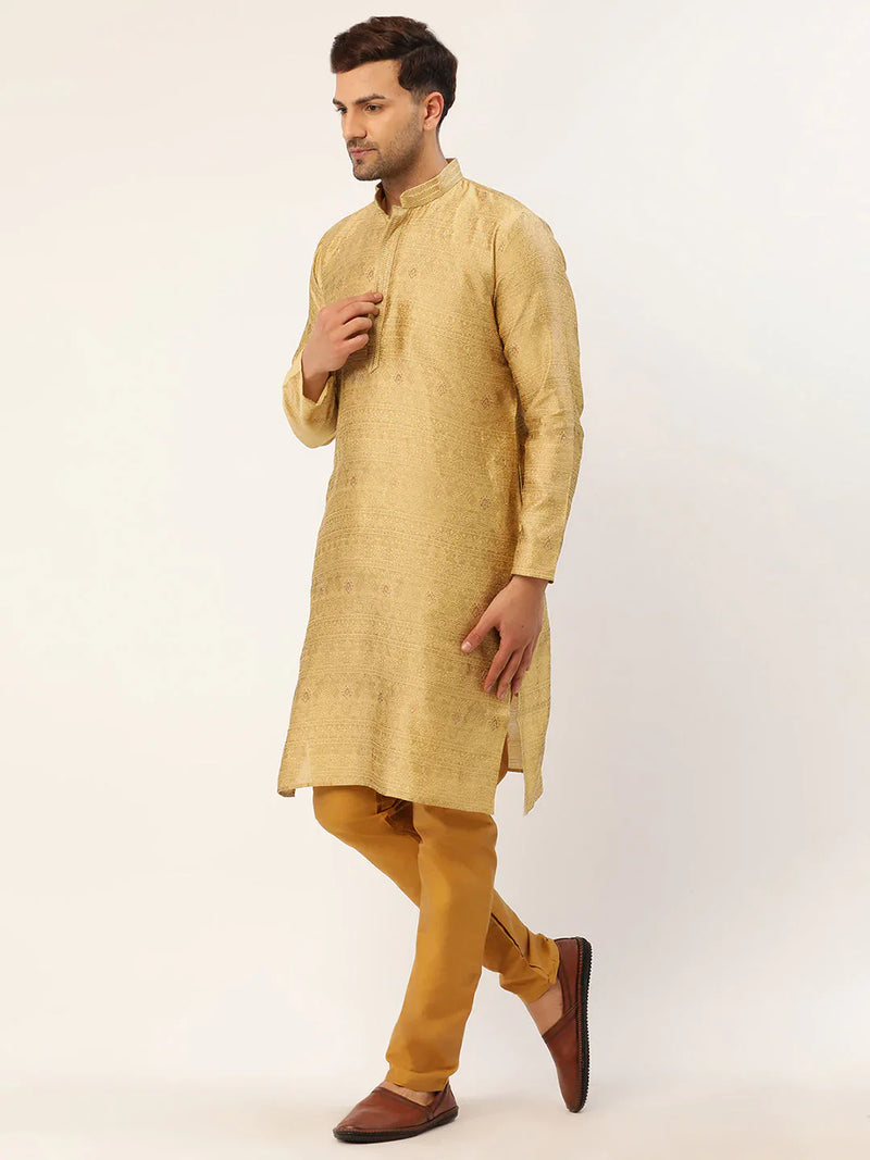 Jompers Men's Beige Coller Embroidered Woven Design Kurta Pyjama ( JOKP 649 Beige )