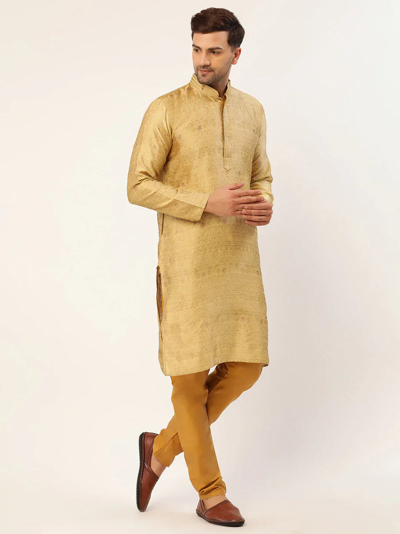 Jompers Men's Beige Coller Embroidered Woven Design Kurta Pyjama ( JOKP 649 Beige )