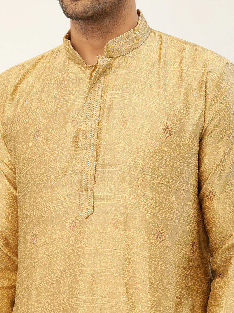 Jompers Men's Beige Coller Embroidered Woven Design Kurta Pyjama ( JOKP 649 Beige )