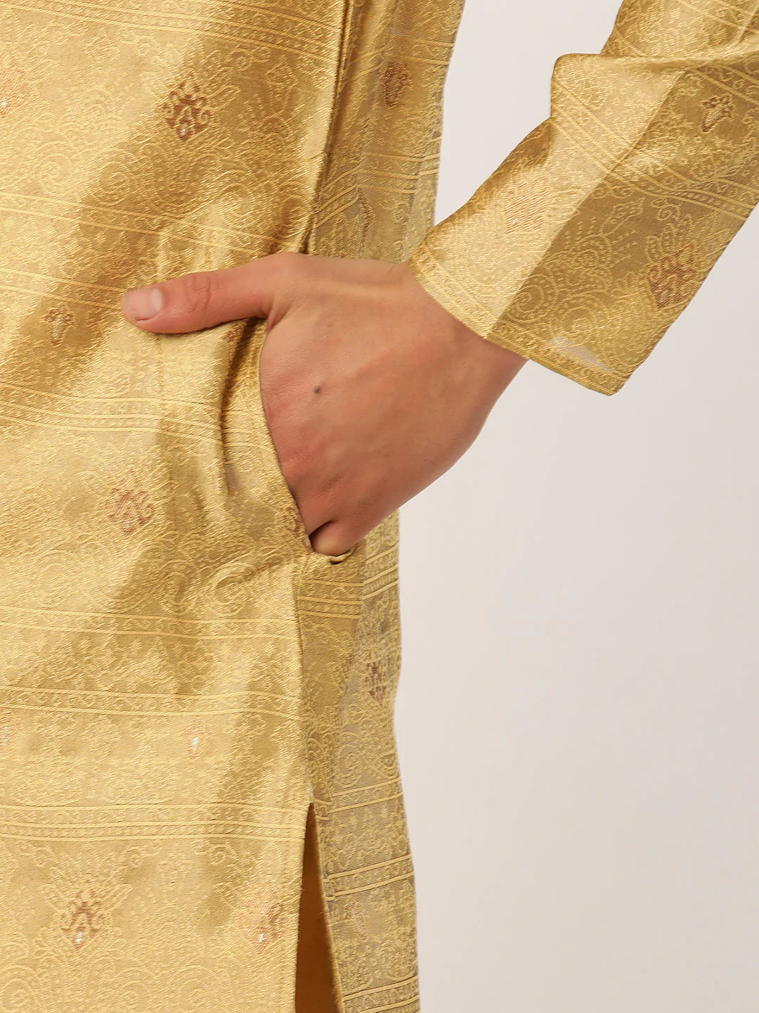 Jompers Men's Beige Coller Embroidered Woven Design Kurta Pyjama ( JOKP 649 Beige )