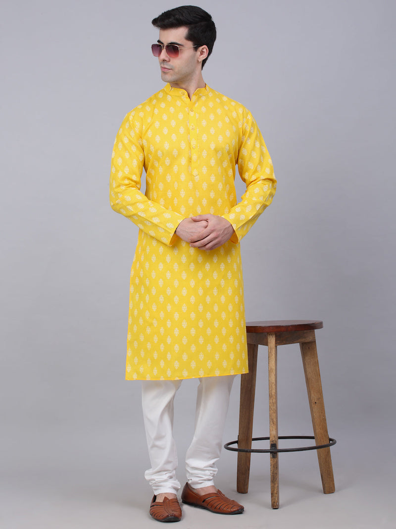 Men's Cotton Floral printed kurta Pyjama Set ( JOKP 650Lemon )