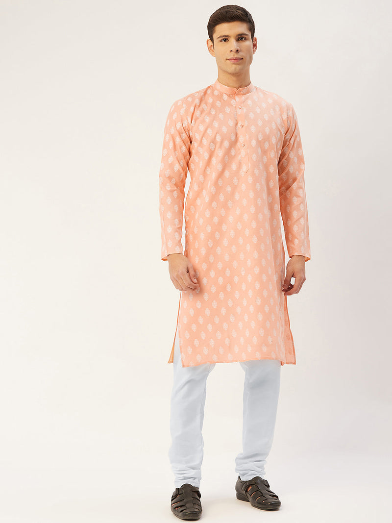 Jompers Men's Peach Cotton Floral printed kurta Only