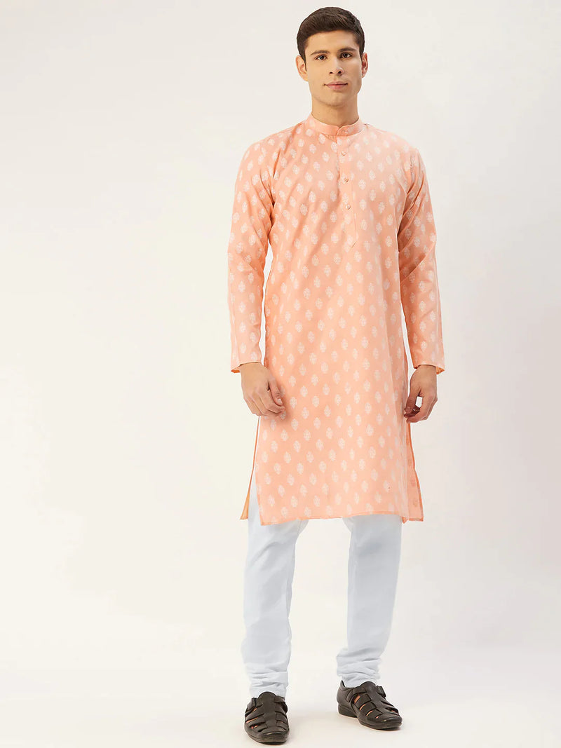 Jompers Men's Peach Cotton Floral printed kurta Pyjama Set ( JOKP 650 Peach )