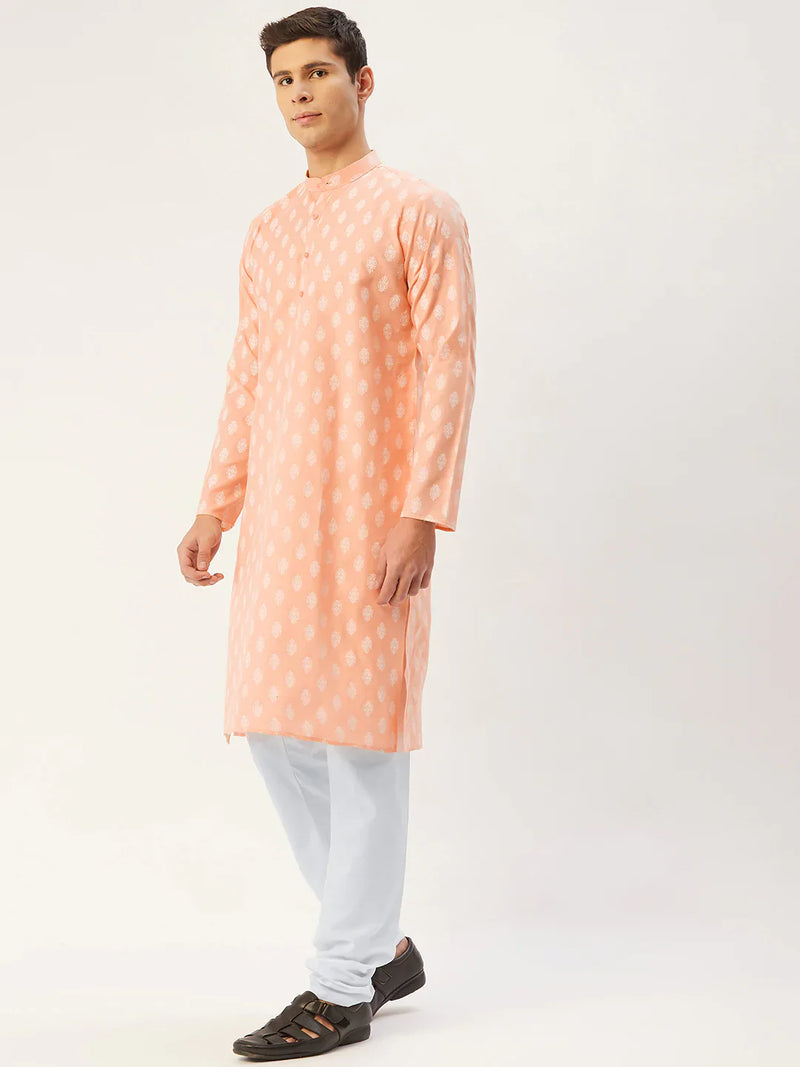 Jompers Men's Peach Cotton Floral printed kurta Pyjama Set ( JOKP 650 Peach )