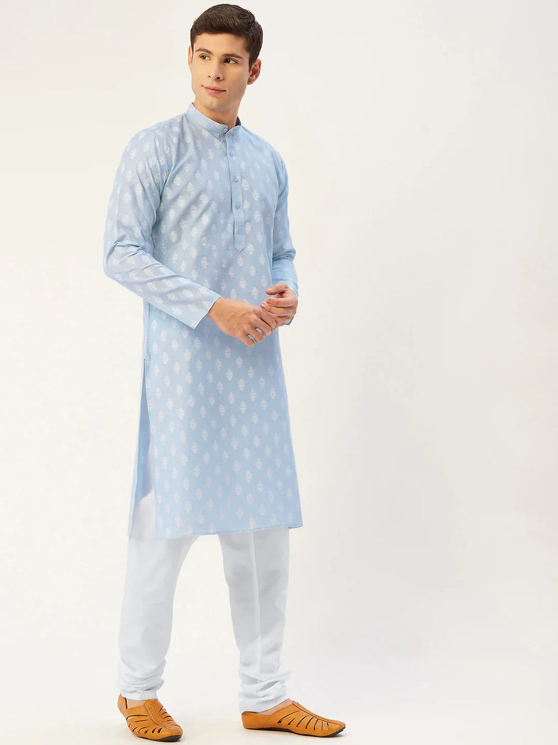 Jompers Men's Sky Cotton Floral printed kurta Pyjama Set ( JOKP 650 Sky )