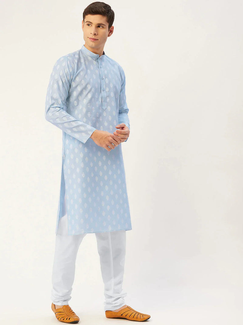 Jompers Men's Sky Cotton Floral printed kurta Only( KO 650 Sky )