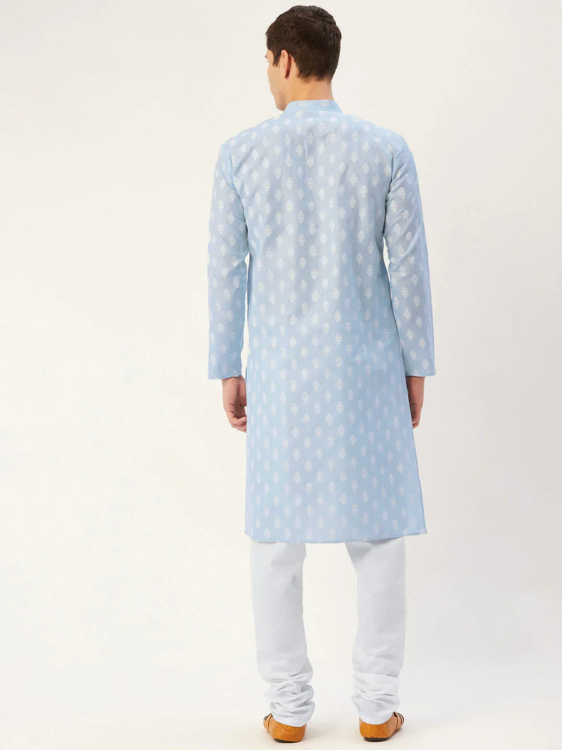 Jompers Men's Sky Cotton Floral printed kurta Only( KO 650 Sky )