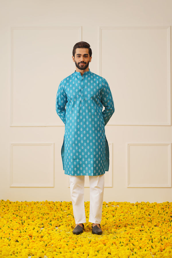 Jompers Men's Teal Cotton Floral printed kurta Only