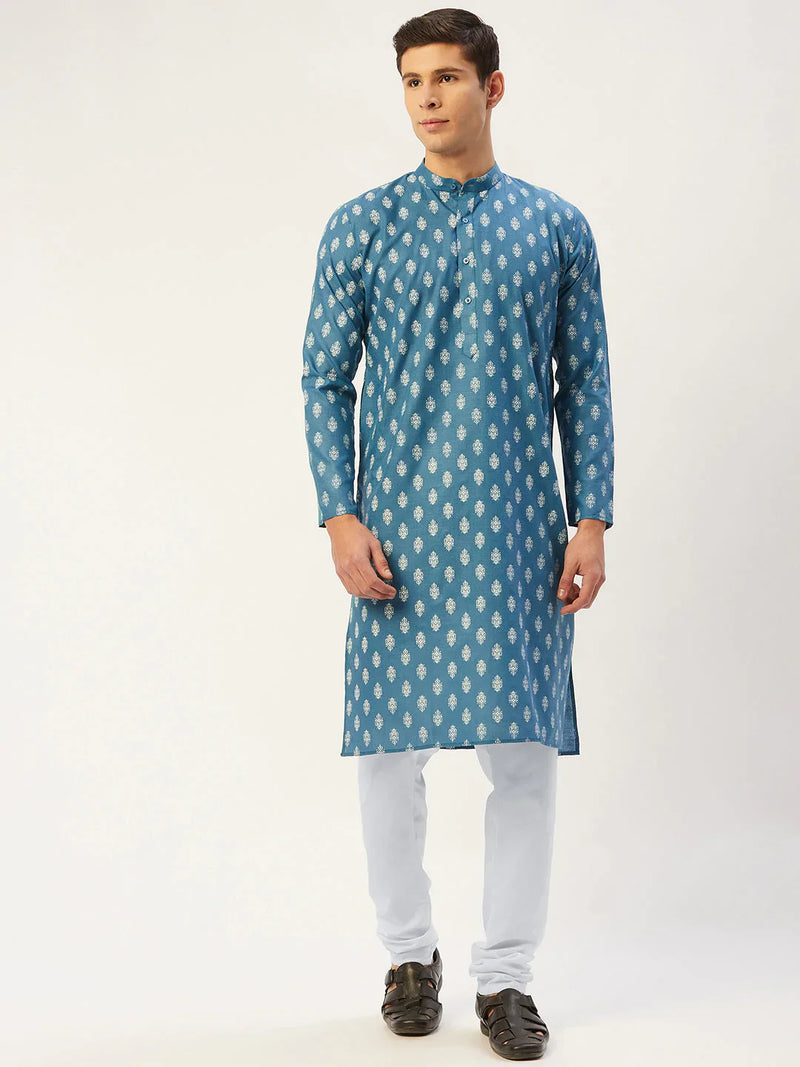 Jompers Men's Teal Cotton Floral printed kurta Only( KO 650 Teal )